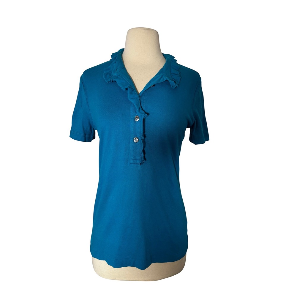 Tory Burch Teal Blue Ruffle Collar Short Sleeve Polo Shirt Size M Logo Buttons